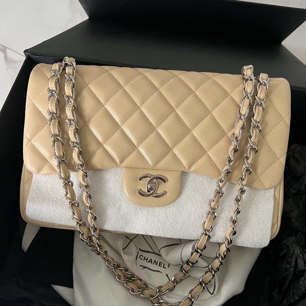 Chanel Large Classic Flap Beige Caviar Silver Hardware